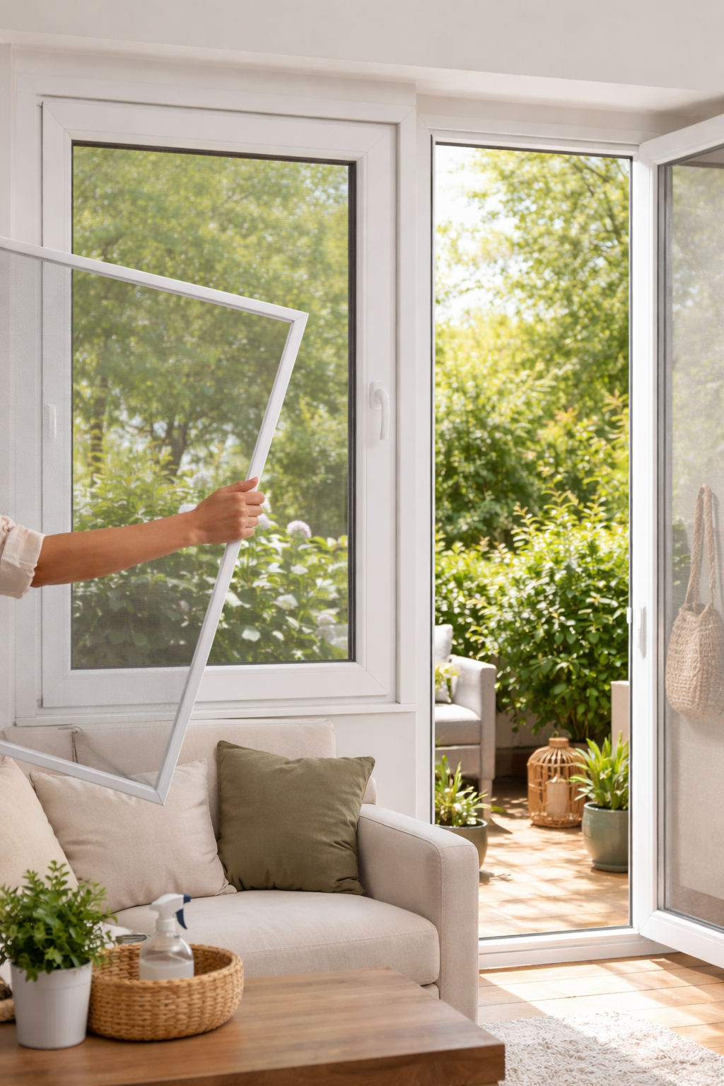 Fliegengitter nach Maß für Fenster und Balkontür in hellem Wohnbereich mit Gartenblick