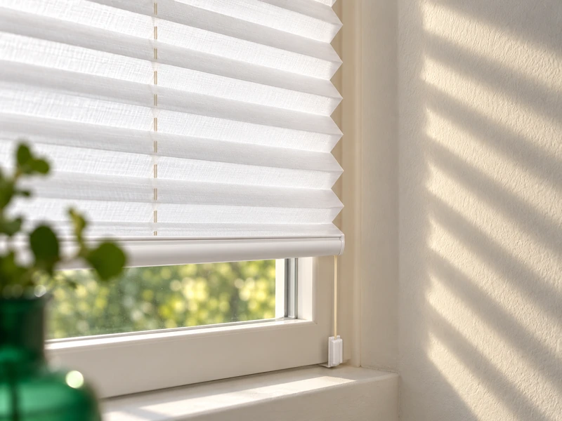 Sonnenlicht fällt auf ein weisses Plissee am Fenster