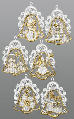 Fensterbilder aus Plauener Spitze® - 6er SET Weihnachtsglöckchen #1W Gold
