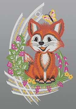 Fensterbild aus Plauener Spitze® - Fuchs mit Schmetterling #1W mehrfarbig