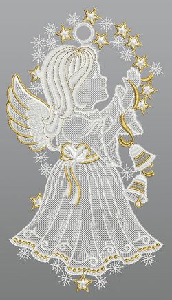 Fensterbild aus Plauener Spitze® - Engel mit Glöckchen #1W Gold