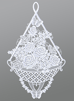 Fensterbild aus Plauener Spitze® - Rosenkorb mit Schmetterlingen #1W in Weiss