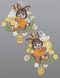 Fensterbilder aus Plauener Spitze® - 2er SET Osterhasen mit Osterei #1W mehrfarbig