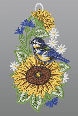 Fensterbild aus Plauener Spitze® - Blaumeise auf Sonnenblume #1W mehrfarbig