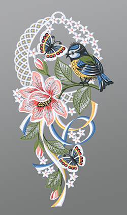 Fensterbild aus Plauener Spitze® - Blaumeise mit Schmetterling und Blume #1W mehrfarbig