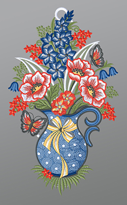 Fensterbild aus Plauener Spitze - Blumenstrauss in Kanne #1W mehrfarbig