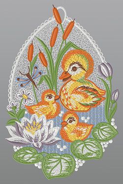Fensterbild aus Plauener Spitze® - Entenfamilie im Teich #1W mehrfarbig