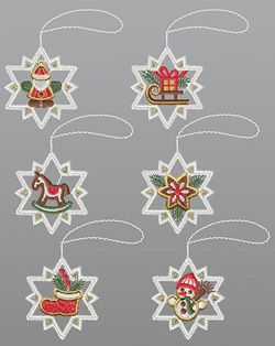 Fensterbilder aus Plauener Spitze® - 6er SET Weihnachtsternchen #1W mehrfarbig