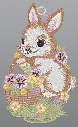 Fensterbild aus Plauener Spitze® - Häschen mit Blumenkorb #1W mehrfarbig