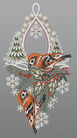 Fensterbild aus Plauener Spitze® - Vogelpaar an Tannenzweig #1W mehrfarbig