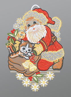 Fensterbild aus Plauener Spitze - Weihnachtsmann mit Ktzchen #1W mehrfarbig