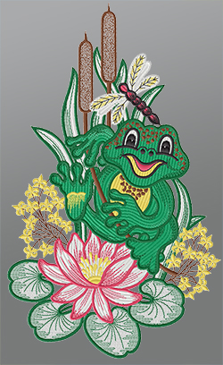 Fensterbild aus Plauener Spitze® - Frosch am Teich #1W mehrfarbig