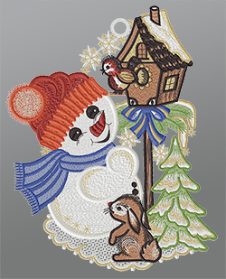 Fensterbild aus Plauener Spitze® - Süsser Schneemann #1W mehrfarbig