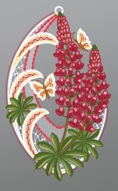 rot-mehrfarbig Vorschau Fensterbild aus Plauener Spitze® - Lupinen mit Schmetterlingen #1W in Rot-mehrfarbig rot-mehrfarbig